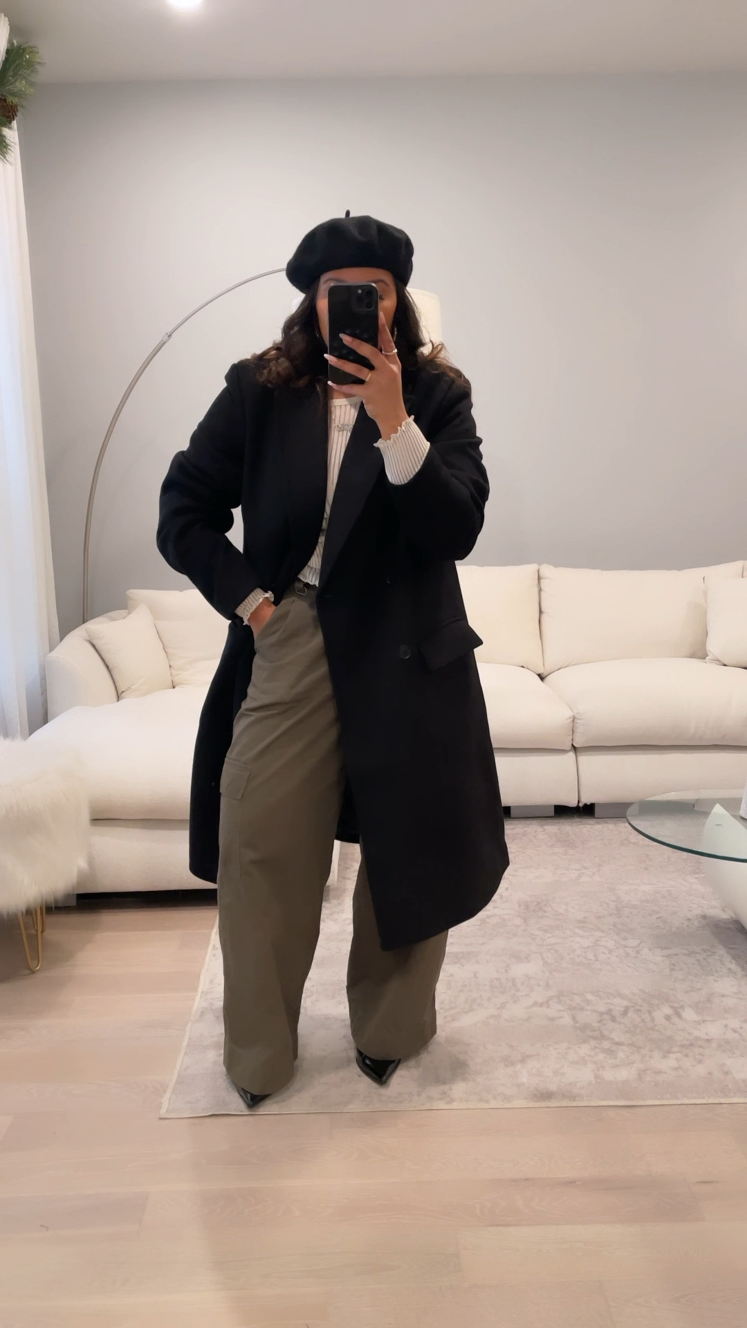 Holiday outfit!

Black peacoat, beret, sling backs,cargos 

#LTKHoliday #LTKfindsunder100 #LTKSeasonal