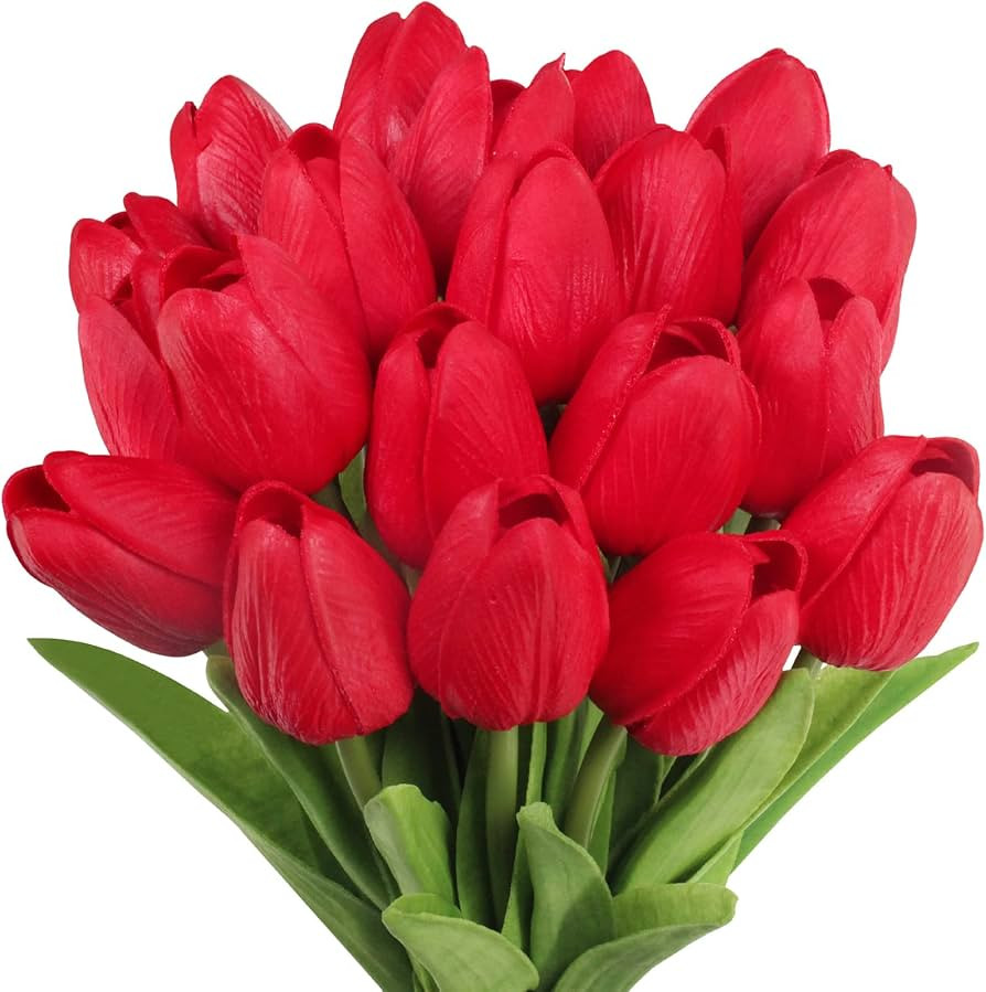 20 Pcs Artificial Red Tulip Flowers Faux Tulip Stems PU Real Touch Tulips 13.7" Tall for Spring E... | Amazon (US)