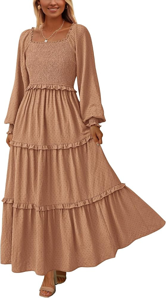 PRETTYGARDEN Fall Dresses for Women 2025 Long Sleeve Smocked Square Neck Swiss Dot Tiered Flowy W... | Amazon (US)
