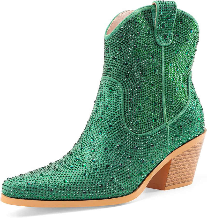 Oh Mispares Women's Sparkly Glitter Rhinestone Cowboy Ankle Boots Western Pointed Toe Low Block H... | Amazon (US)