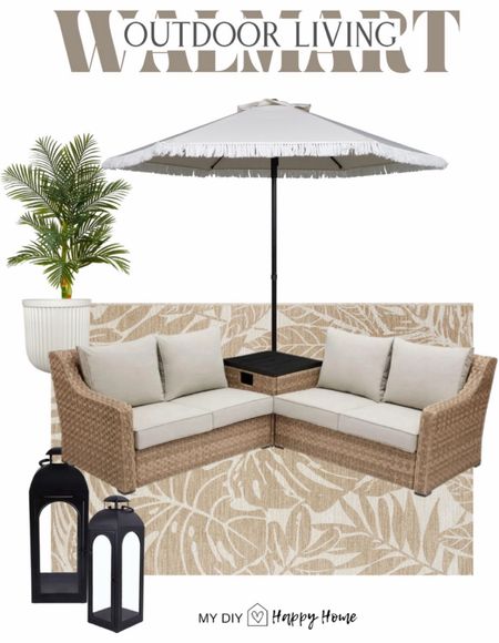 Outdoor living…
Sectional is the same brand and model as my outdoor furniture in a sectional version and is on sale $100 off! 

The rug comes in three sizes and has a beautiful neutral tropical print, outdoor lanterns, my fluted planter and faux palm, and my fringe outdoor umbrella comes in two sizes. 

#LTKSeasonal #LTKHome #LTKSaleAlert