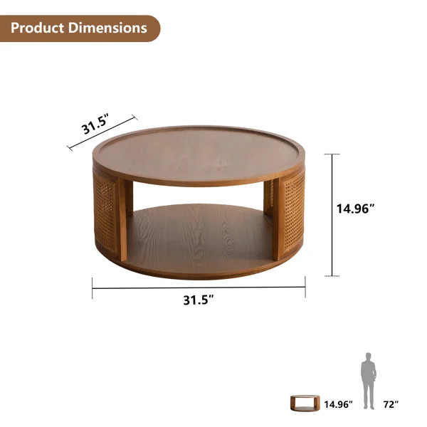 31.5'' Vintage Rattan Woden 2-tier Solid Brown Walnut Wood Round Coffee Table For Living Room&bed... | Wayfair North America