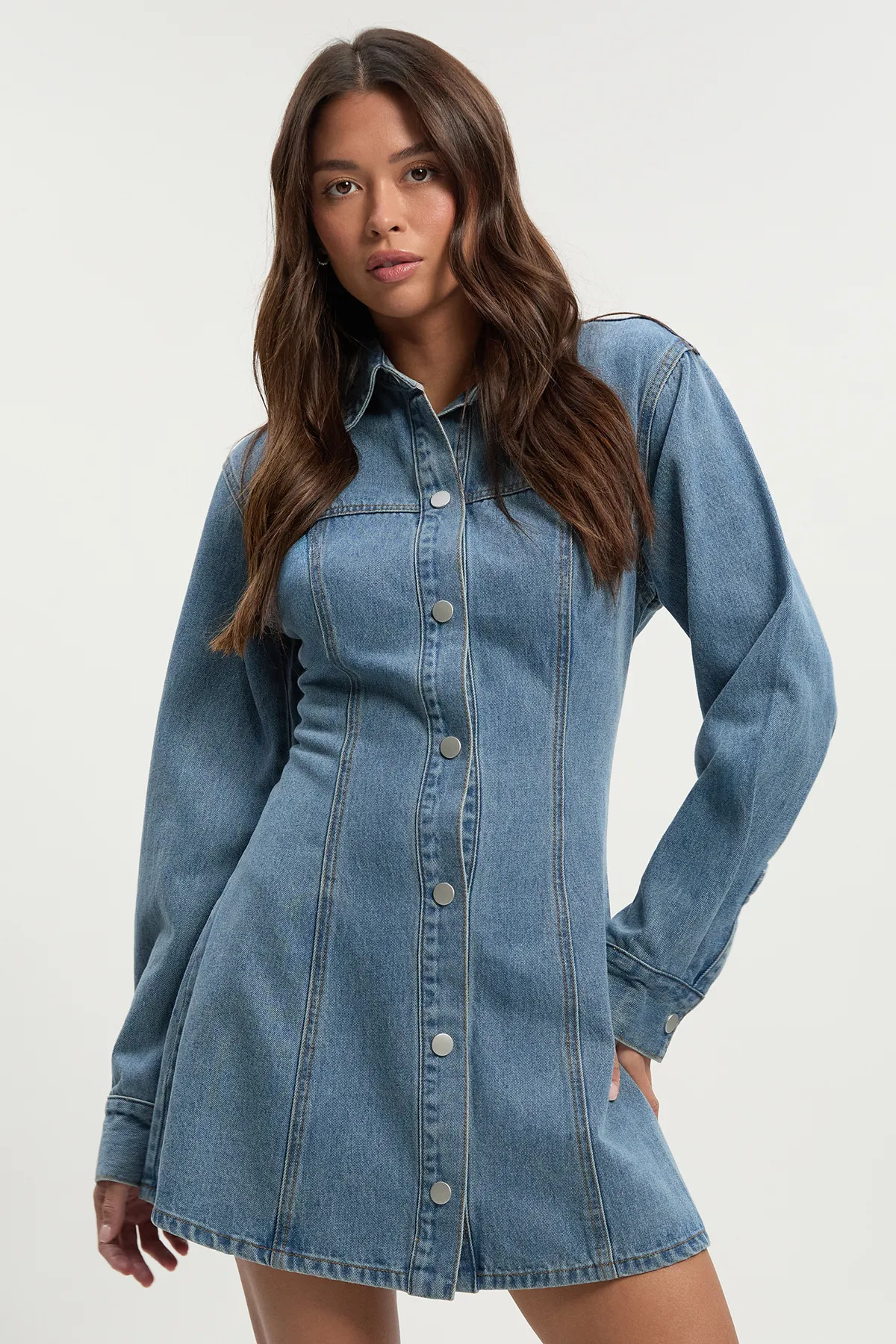 Mid Blue Long Sleeve Cinched Waist Denim Dress | Boohoo USA | boohoo (US & Canada)