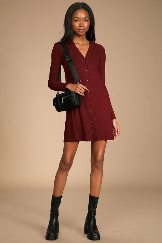 Sweet Comfort Burgundy Button-Front Sweater Dress | Lulus (US)