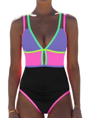 popvil Women One Piece Swimsuit 2026 Tummy Control Sexy Cutout Neon Color Block Bathing Suit Slimming Adjustable Swimwear, Purple X-Large | Amazon (US)