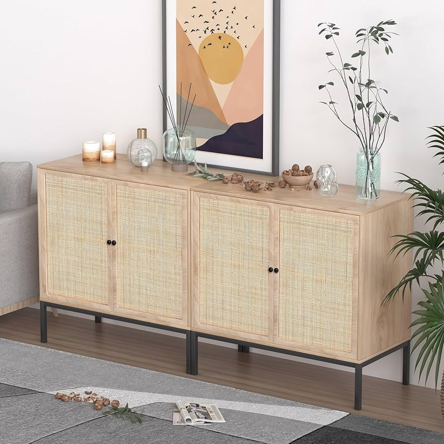 XIAO WEI Sideboard Cabinet with Natural Rattan Hand-Woven Doors, Rattan Cabinet Accent Console Ta... | Amazon (US)