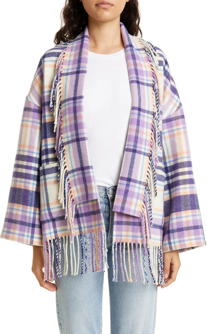 Austyn Plaid Fringed Open Front Jacket | Nordstrom
