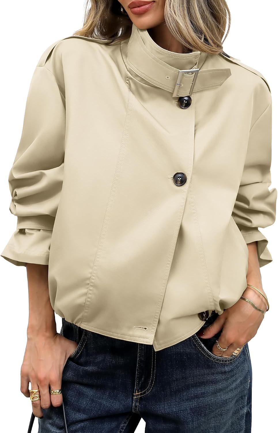 ELLEVEN Women's Funnel Neck Cropped Trench Coat, Vintage Crop Jackets | Amazon (US)