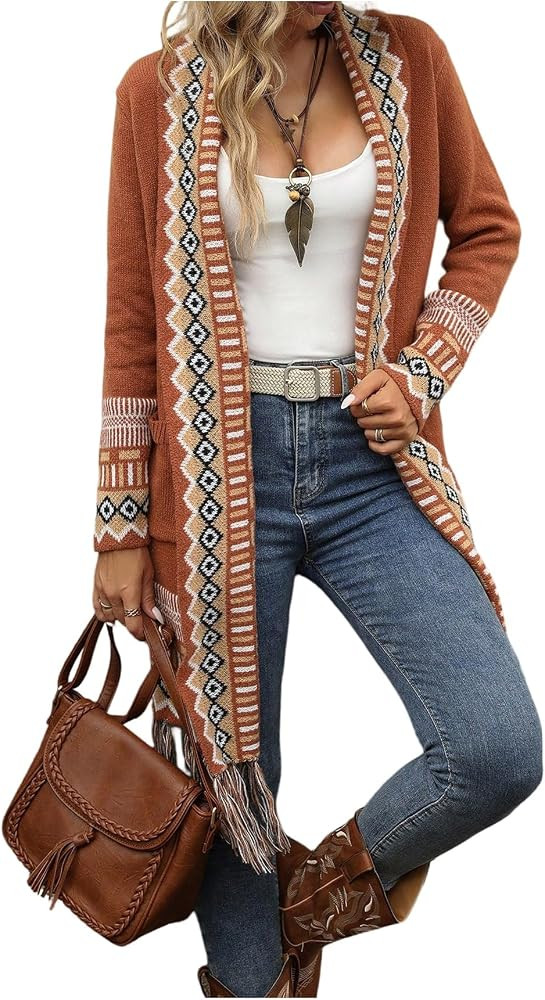 MakeMeChic Women's Boho Long Cardigan Sweaters Fringe Western Sweater | Amazon (US)