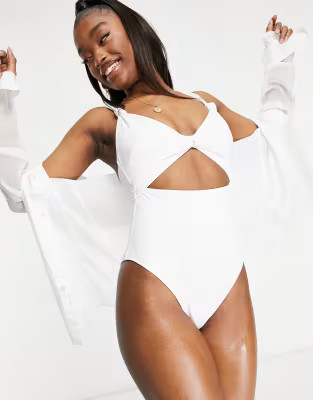 ASOS DESIGN loop front swimsuit with knot in white | ASOS (Global)