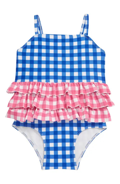 Tucker + Tate Gingham Ruffle One-Piece Swimsuit in Blue Surf- Pink Gingham Block at Nordstrom, Size  | Nordstrom