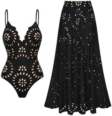 FLAXMAKER Women's One Piece Bathing Suit Petal Hollow V Neck Swimsuit and Skirt | Amazon (US)