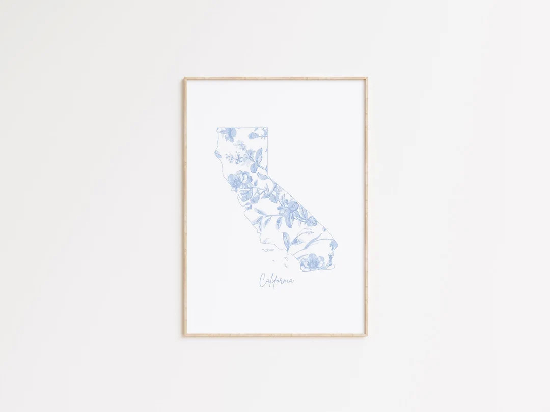 Floral California Wall Art, Blue and White California Poster, West Coast Chinoiserie Print, Grand... | Etsy (US)