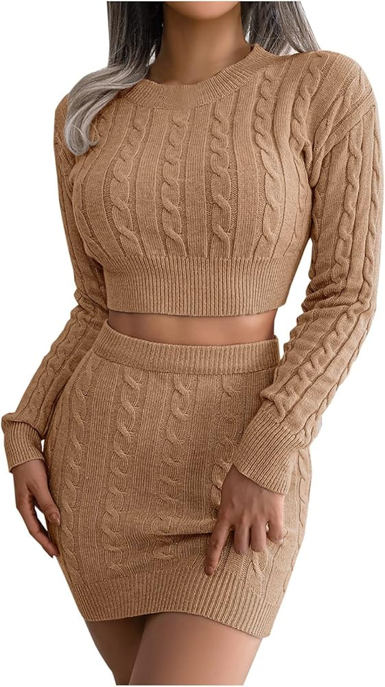 Fall Winter 2 Piece Outfits for Women Sweaters Set Sexy Crop Knit Sweater Plain Sweatshirt Long S... | Amazon (US)