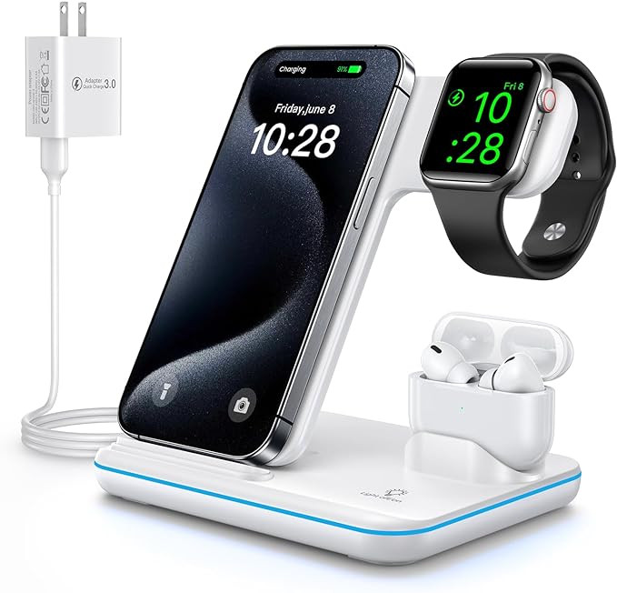 WAITIEE Wireless Charger 3 in 1, 15W Fast Charging Station for Apple Watch 10/9/8/Ultra 2/Ultra/S... | Amazon (US)