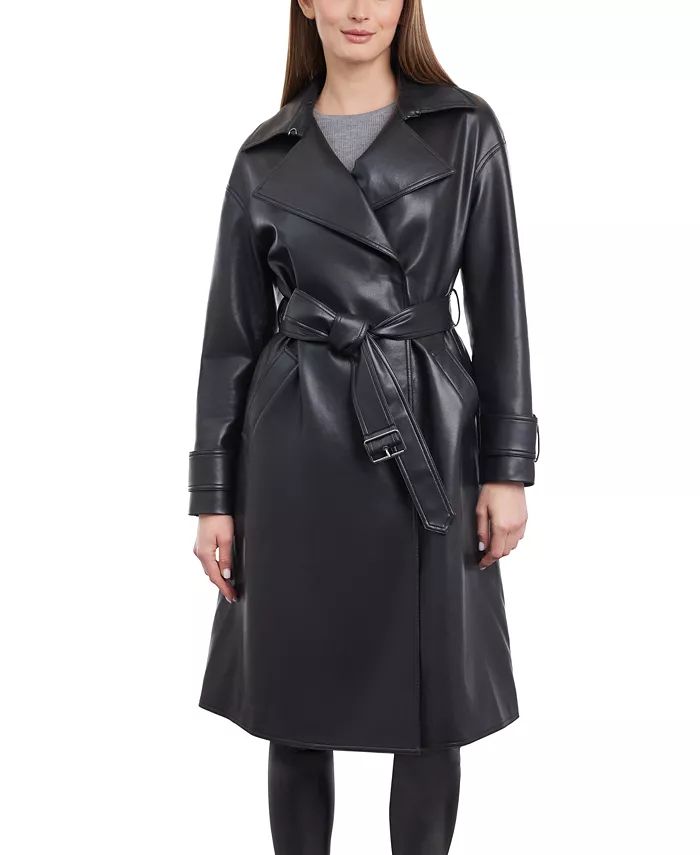 Women's Petite Faux-Leather Belted Trench Coat | Macy's