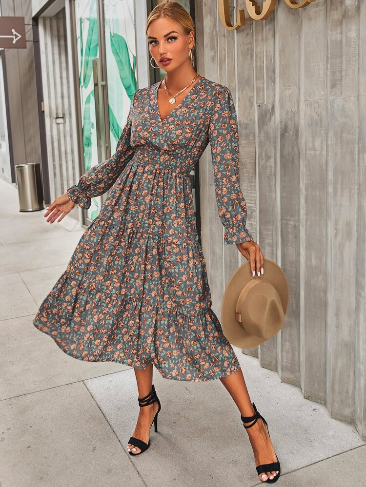Allover Floral Print Shirred Waist Flounce Sleeve Ruffle Hem Dress | SHEIN