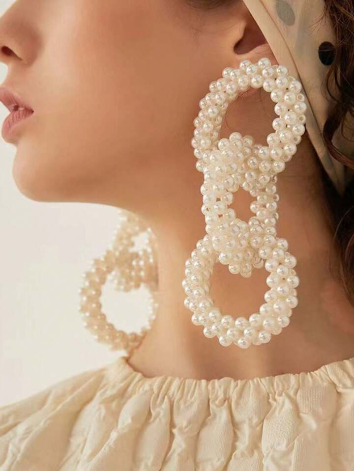 Vintage Oversized Double/Triple Circle Pearl Hoop Earrings, Fashion Trendy Design | SHEIN