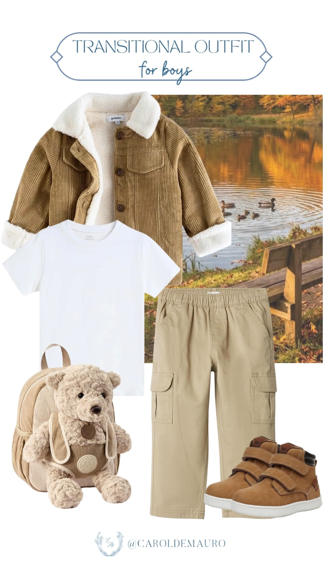 This corduroy and sherpa combo is everything for chilly fall mornings! Cozy, cute, and perfect for park days by the lake.

boys fall outfit, corduroy jacket, kids fall style, toddler boy outfit, fall layers, sherpa jacket, kids fashion, transitional outfit for boys, toddler outfit, cozy boys outfit, early fall oufit for kids, corduroy jacket, cargo pants for kids, booties for boys, teddy backpack, amazon kids

#LTKootd #LTKSeasonal #LTKKids