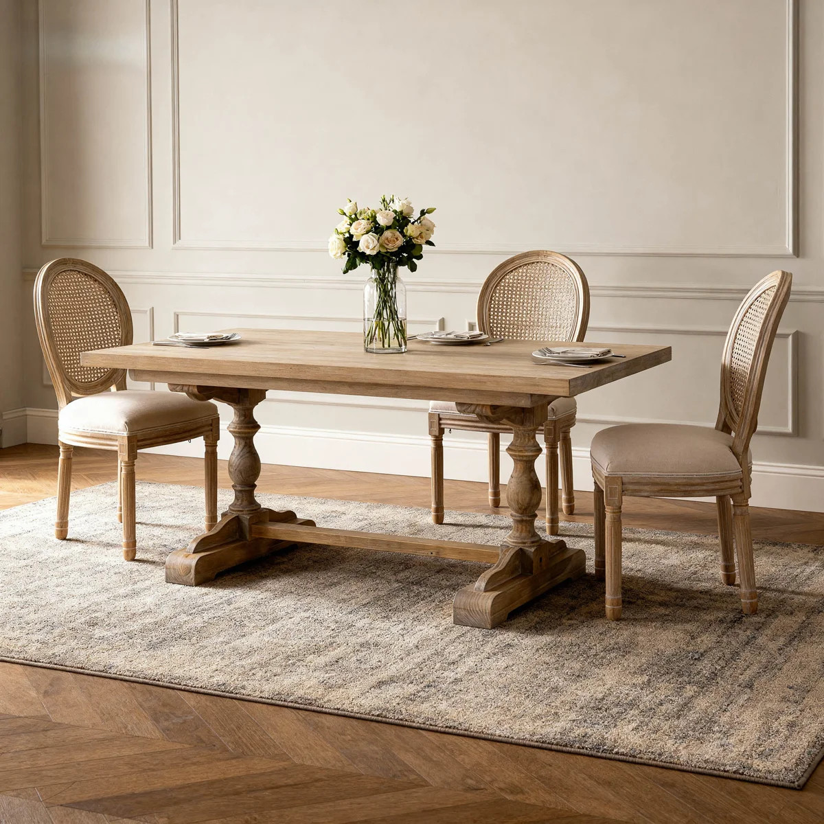 French Style Solid Wood Frame Linen Fabric Rattan Back Dining Chair,Set of 2 | Wayfair North America