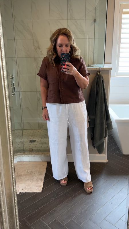 LINED linen pants. Elastic waist and  drawstring. Grab these while they’re on sale and sizes stocked. They run big. I’m in a large reg. 
Top size large. 
Shoes tts. 

JCREW NYDJ linen sandals summer spring outfits vacation style 

#LTKsalealert #LTKfindsunder100 #LTKover40