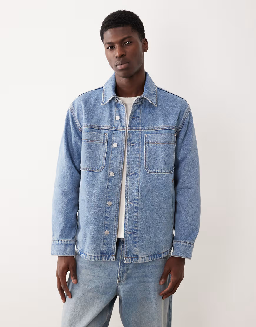 Abercrombie & Fitch denim shacket in mid blue wash | ASOS (Global)