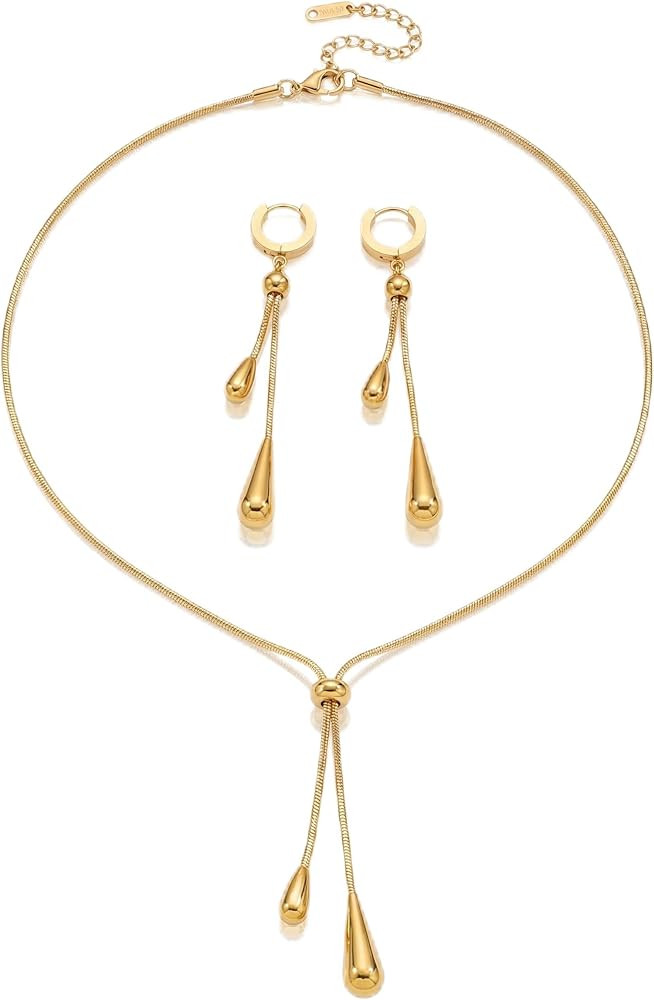 Gold Plated Teardrop Jewelry Set for Women - Hypoallergenic Adjustable Lariat Necklace & Earrings... | Amazon (US)