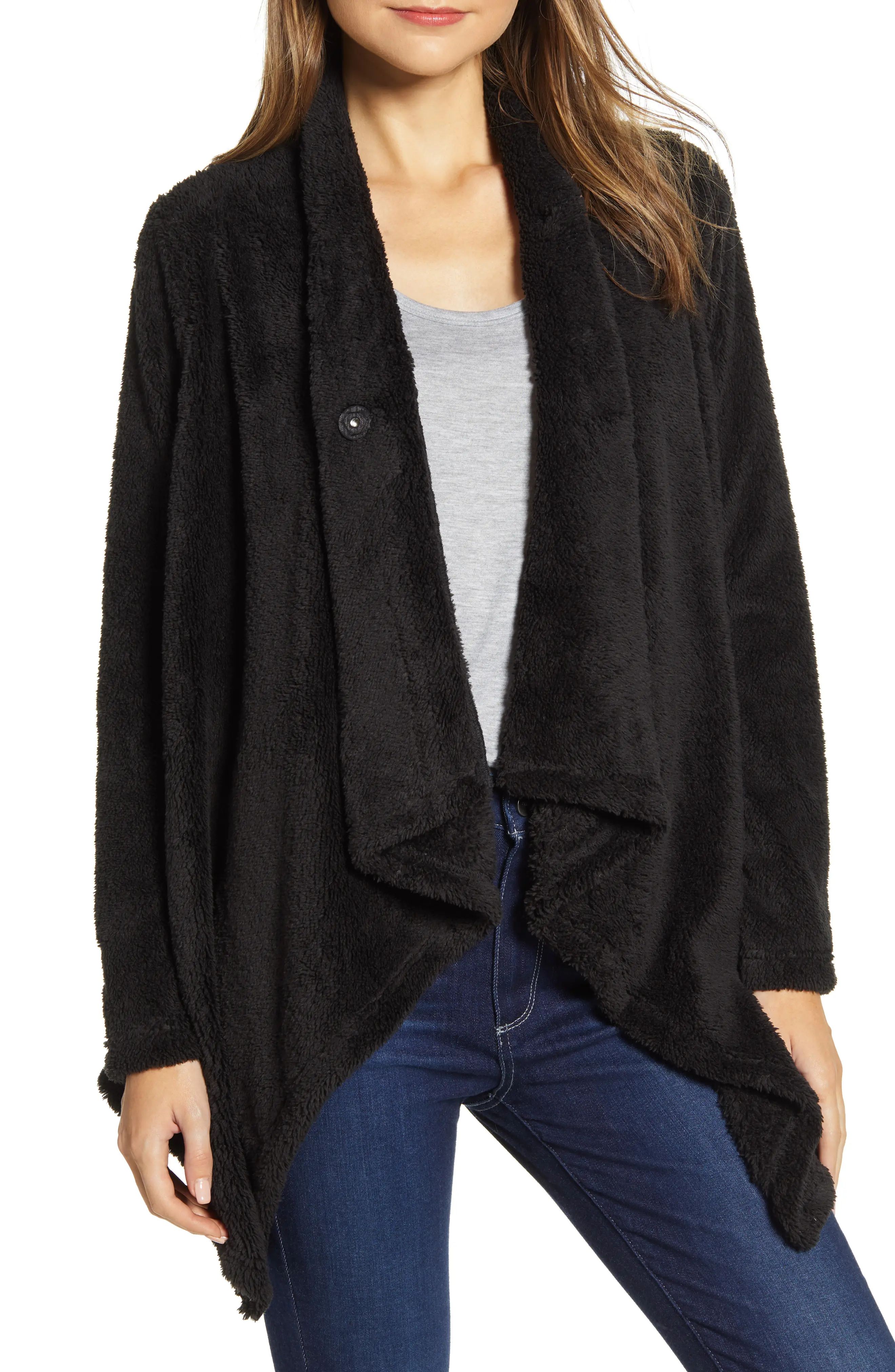 Women's Bobeau Drape Front Faux Fur Cardigan, Size XX-Large - Black | Nordstrom