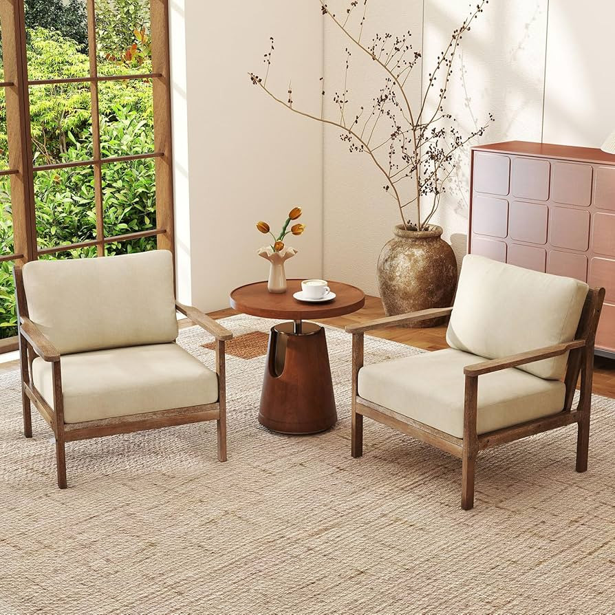 Giantex Mid Century Modern Accent Chair Set of 2, Wooden Arm Chair w/Solid Wood Frame, Removable ... | Amazon (US)