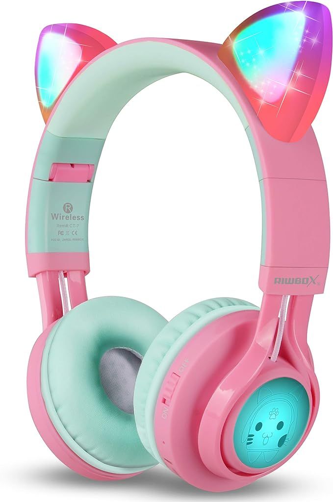 Riwbox CT-7 Cat Ear Kids Bluetooth Headphones, LED Light Up Bluetooth Wireless Over Ear Headphone... | Amazon (US)