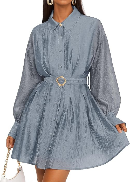 Button Down Short Belted Dress,A Line Swing Shirt Dress,Wedding Guest,Formal,Prom,Business Casual... | Amazon (US)