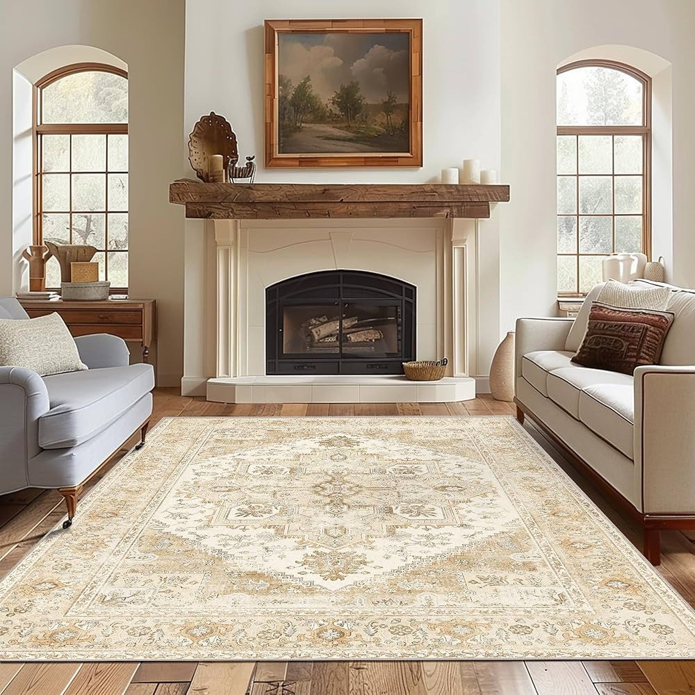 8x10 Area Rug, Vintage Distressed Pattern, Machine Washable, Ultra-Thin Chenille for Bedroom and ... | Amazon (US)