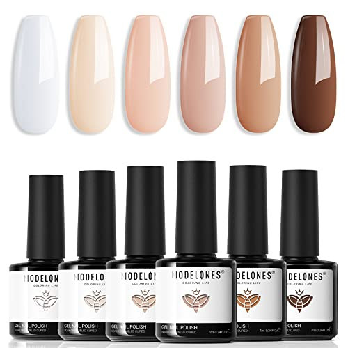 modelones Gel Nail Polish Set- 6 Colors White Nude Brown Gel Polish Skin Tone Neutral Beige Tan Taupe Nail Gel Polish Kit Popular All Seasons Soak Off Nail Art Gel Manicure DIY Salon Gift for Women | Amazon (US)