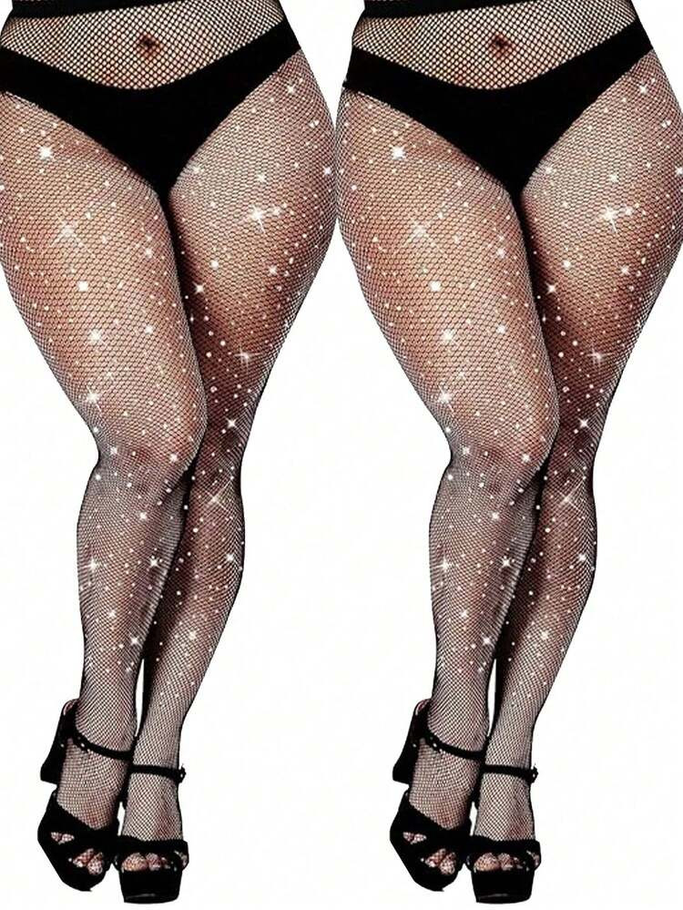 2pcs Plus Size Women's Rhinestone Embellished Black Fishnet Tights, Stretchy Skinny Tight Mesh Stockings, Shiny Clubwear, Goth Style, Versatile For All Seasons | SHEIN