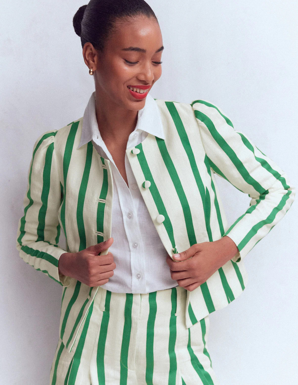 Salisbury Puff Sleeve Jacket-Ivory, Fresh Green Stripe | Boden UK