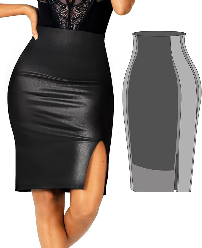 Popilush Shapewear Faux Leather Skirts with Built in Shapewear Tummy Control High Waist Midi Skir... | Amazon (US)