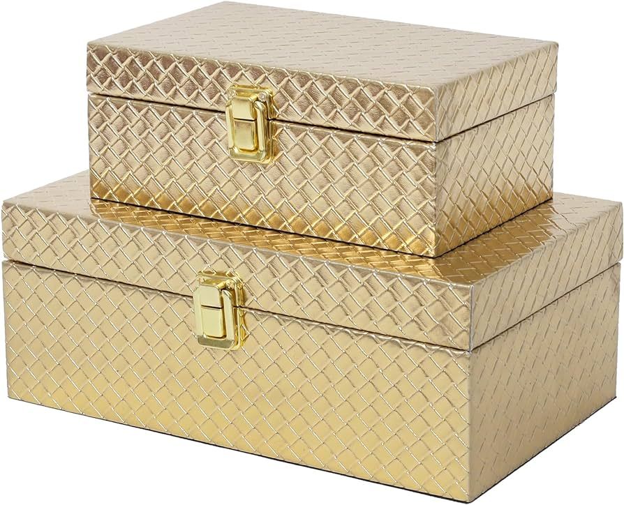 DECOR4SEASON Faux Leather Decorative Jewelry Storage Organizer Boxes Set of 2, Gold | Amazon (US)