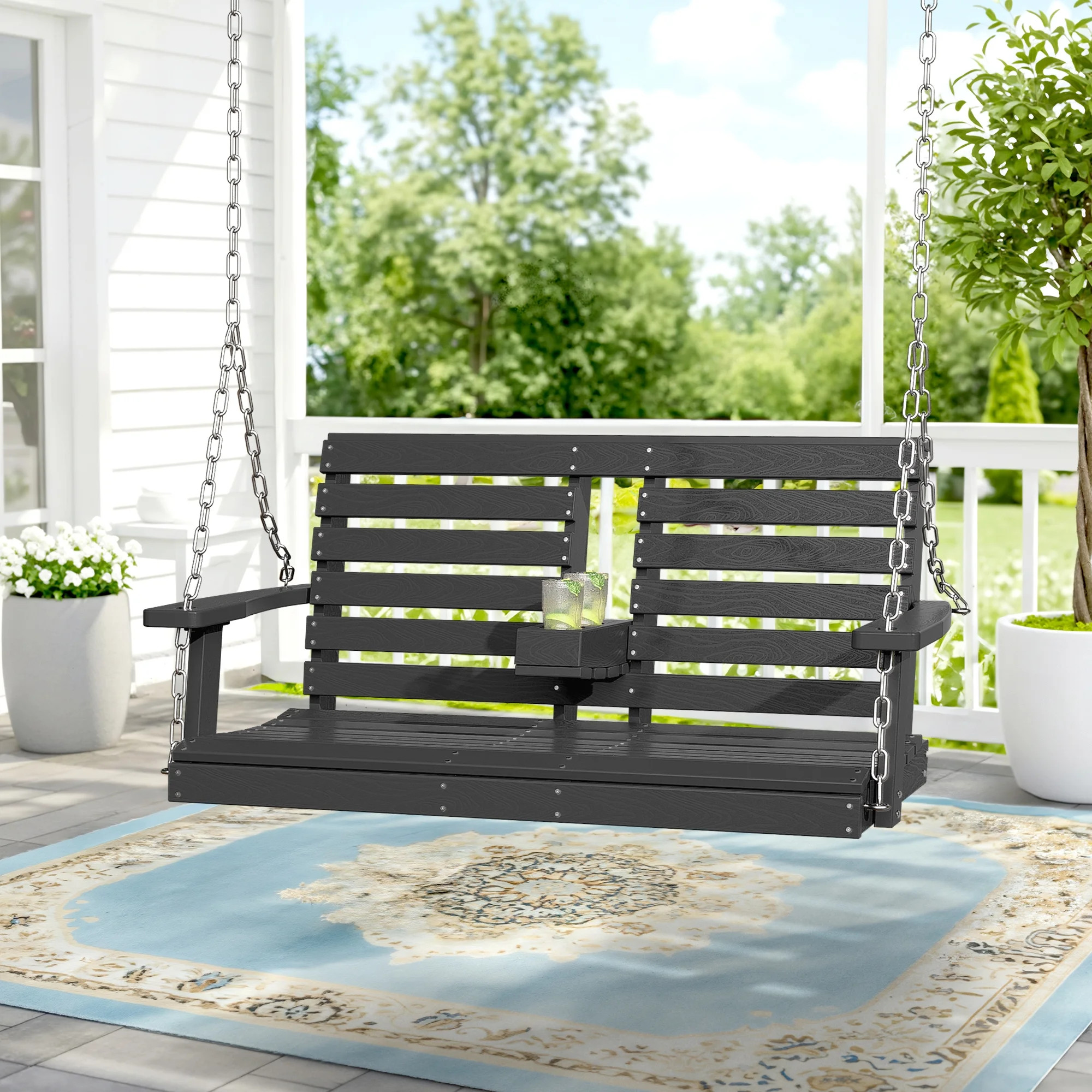 KINGYES Outdoor Hanging Swing Chair, HDPE 3 Seats Porch Swing with Cup Holders, 660LBS Weight Cap... | Walmart (US)