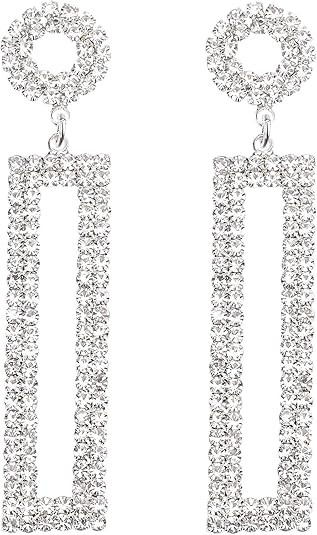 Rhinestone Long Drop Earrings Statement Rectangle Dangle with Circle Studs Fashion Jewelry | Amazon (US)