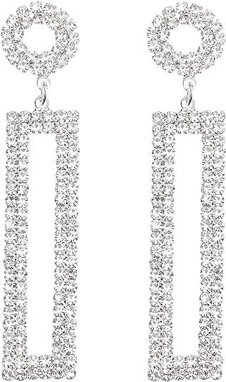 Rhinestone Long Drop Earrings Statement Rectangle Dangle with Circle Studs Fashion Jewelry | Amazon (US)