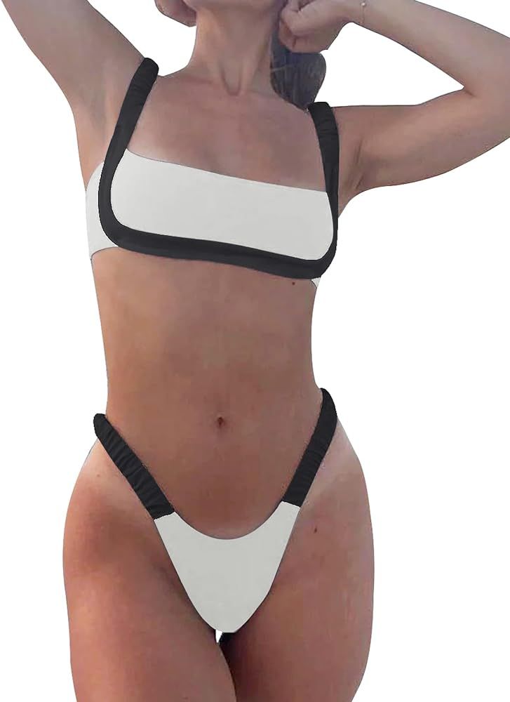 Women's Colorblock Bikini Set Square Neck High Cut Cheeky Sexy Two Piece Swimsuit Bathing Suit | Amazon (US)
