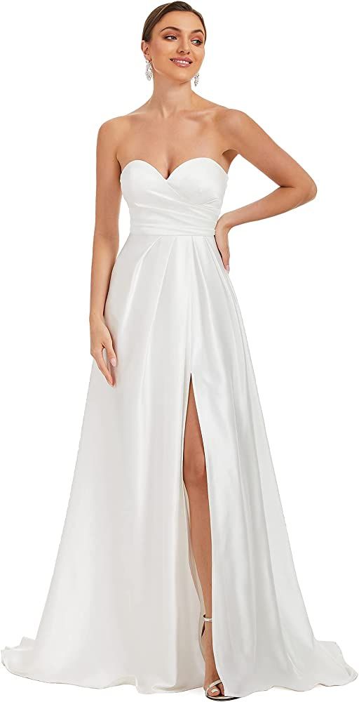 Ever-Pretty Women's Sweetheart Backless A-Line Side Slit Satin Wedding Dress for Bride 0173A | Amazon (US)