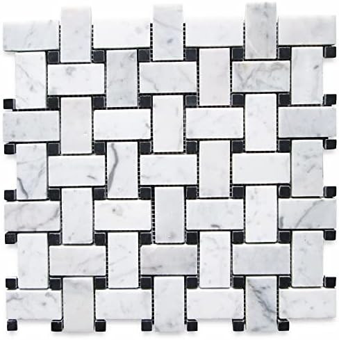 Carrara White Marble 1x2 Basketweave Mosaic Tile w/Nero Marquina Black Dots Polished Kitchen Bath... | Amazon (US)
