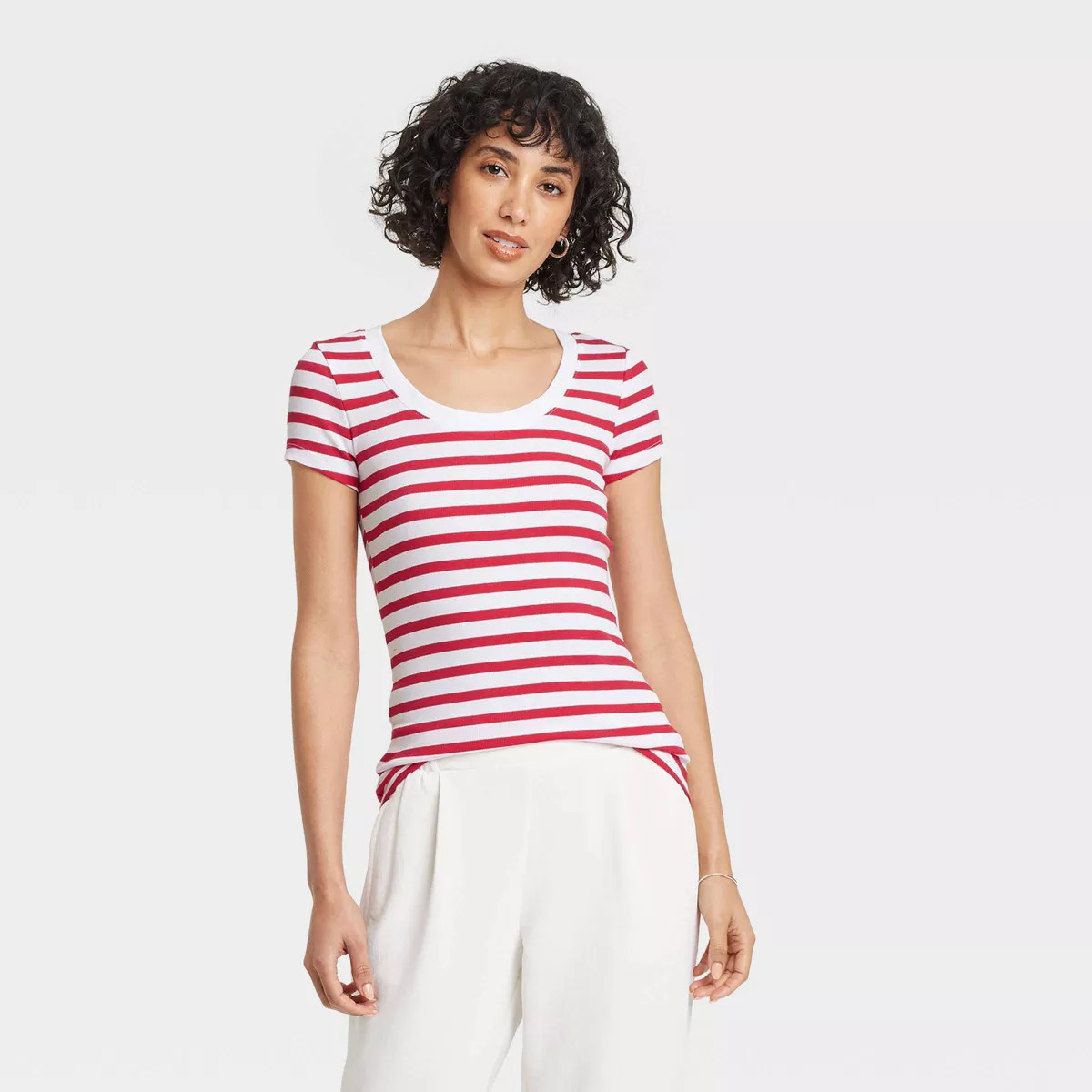 Women's Slim Fit Short Sleeve Ribbed Scoopneck T-Shirt - A New Day™ Red Striped 1X: Cotton Moda... | Target