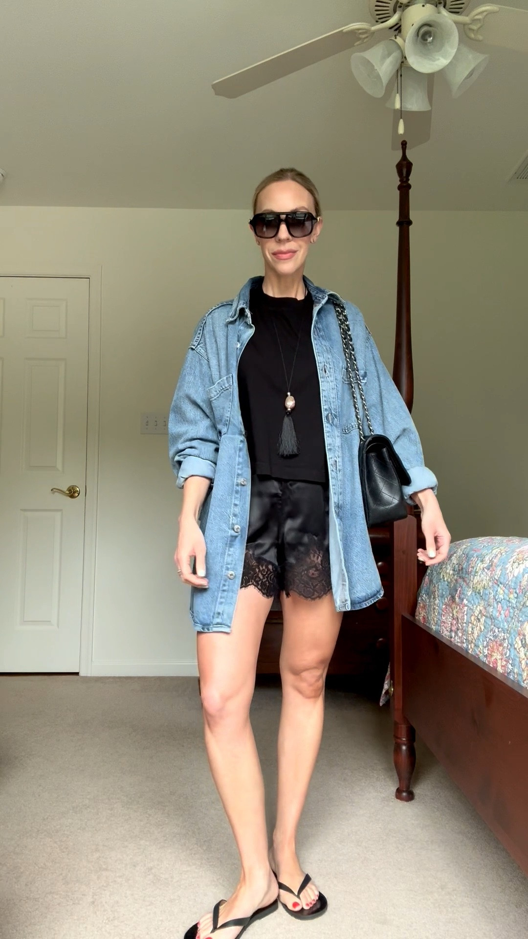 Lace shorts styled with cropped tee, oversized denim shirt and leather thong sandals

#LTKOver40 #LTKSeasonal #LTKSaleAlert