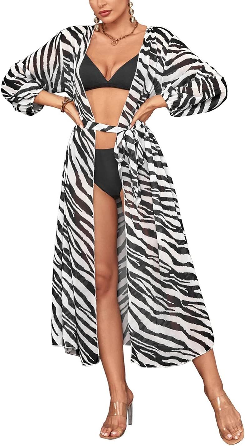AILUNSNIKA Women Sexy Print Open Front Kimono Cardigan Loose Beach Cover Up Dress | Amazon (US)