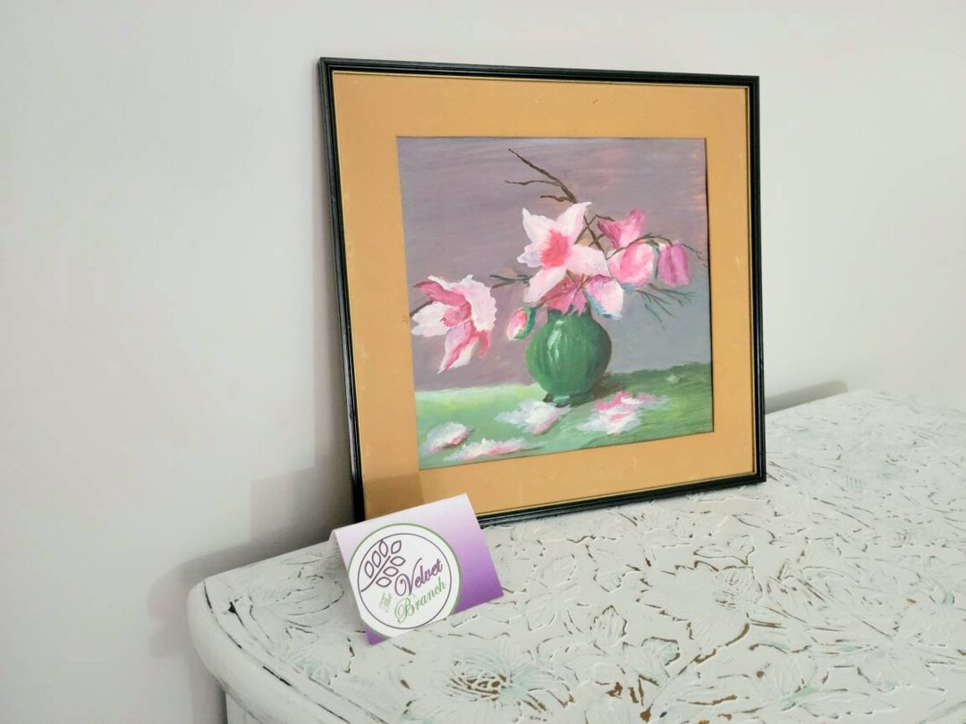 Vintage Pink Floral Painting, Framed Green Vase Still Life. Iris Orchids Boho Wall Art - Etsy | Etsy (US)