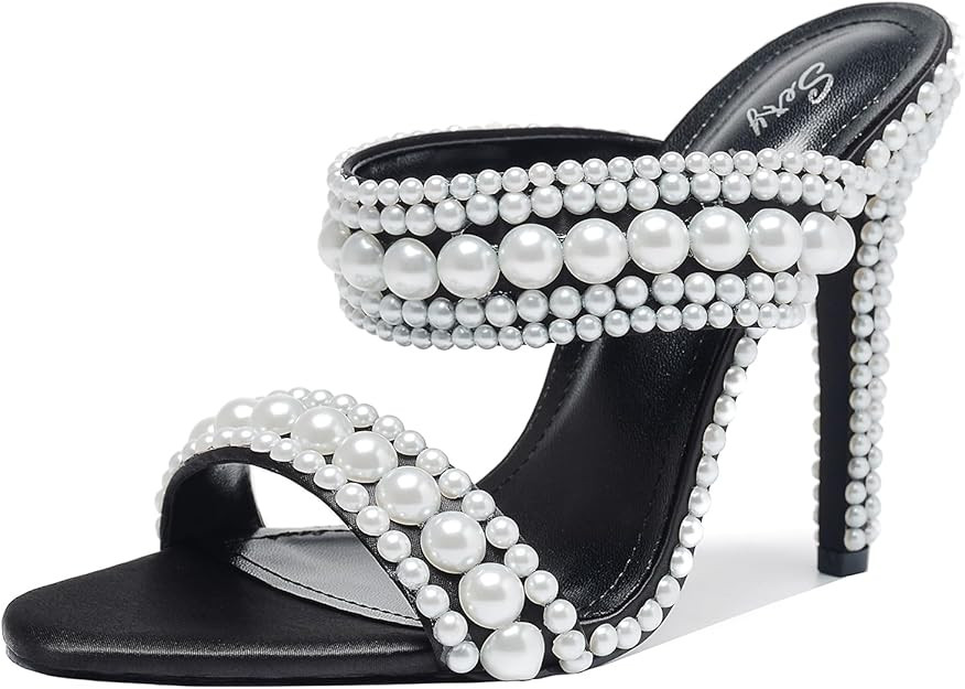 Women's Pearl Open-Toe Sparkly 4.3IN Stiletto Heels Sandals Nightclub Party Wedding Shoes | Amazon (US)