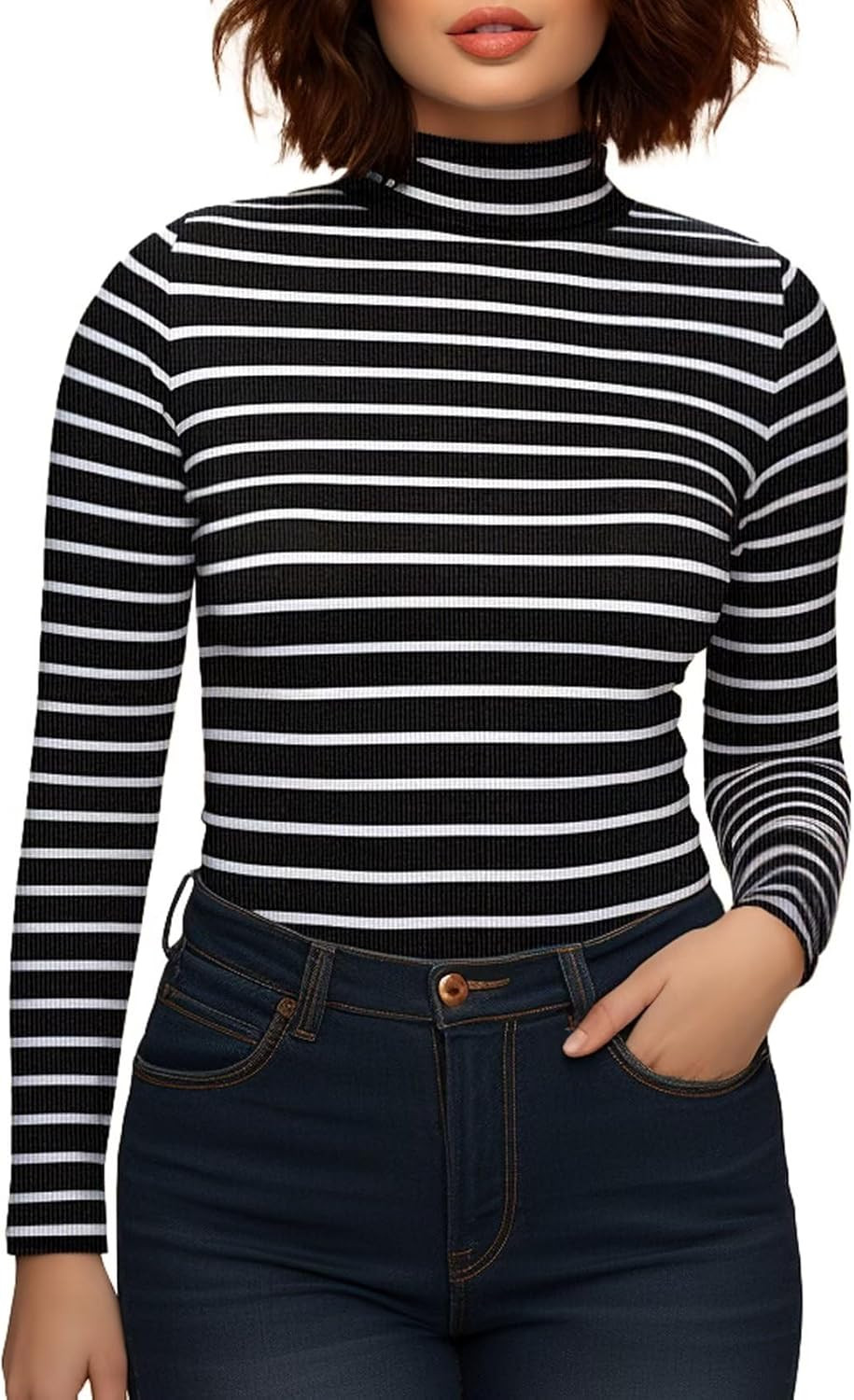 Zengjo Womens Mock Turtleneck Tops Ribbed Striped Long Sleeve Shirt | Amazon (US)