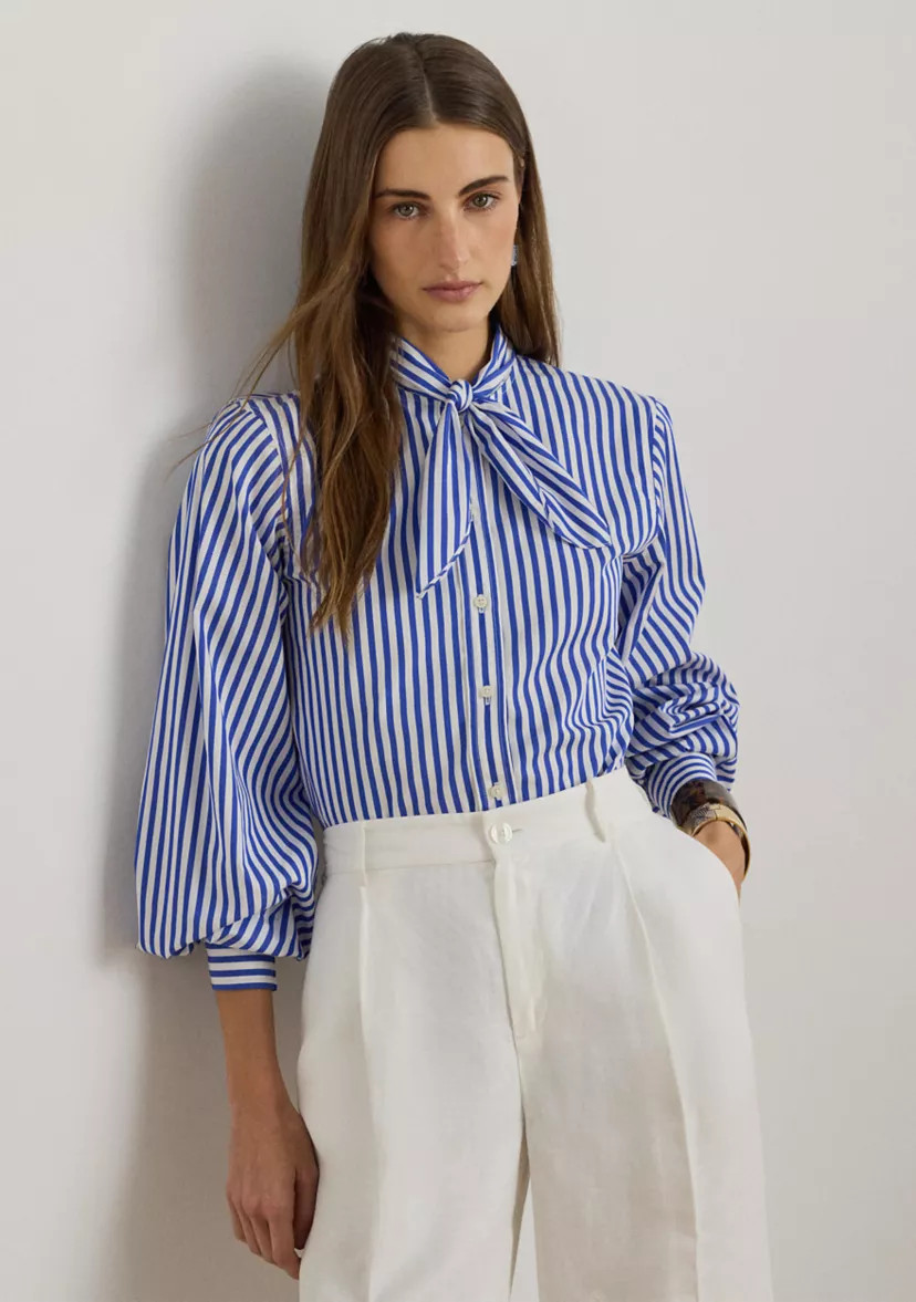 Women's Striped Cotton Broadcloth Tie-Neck Shirt | Belk